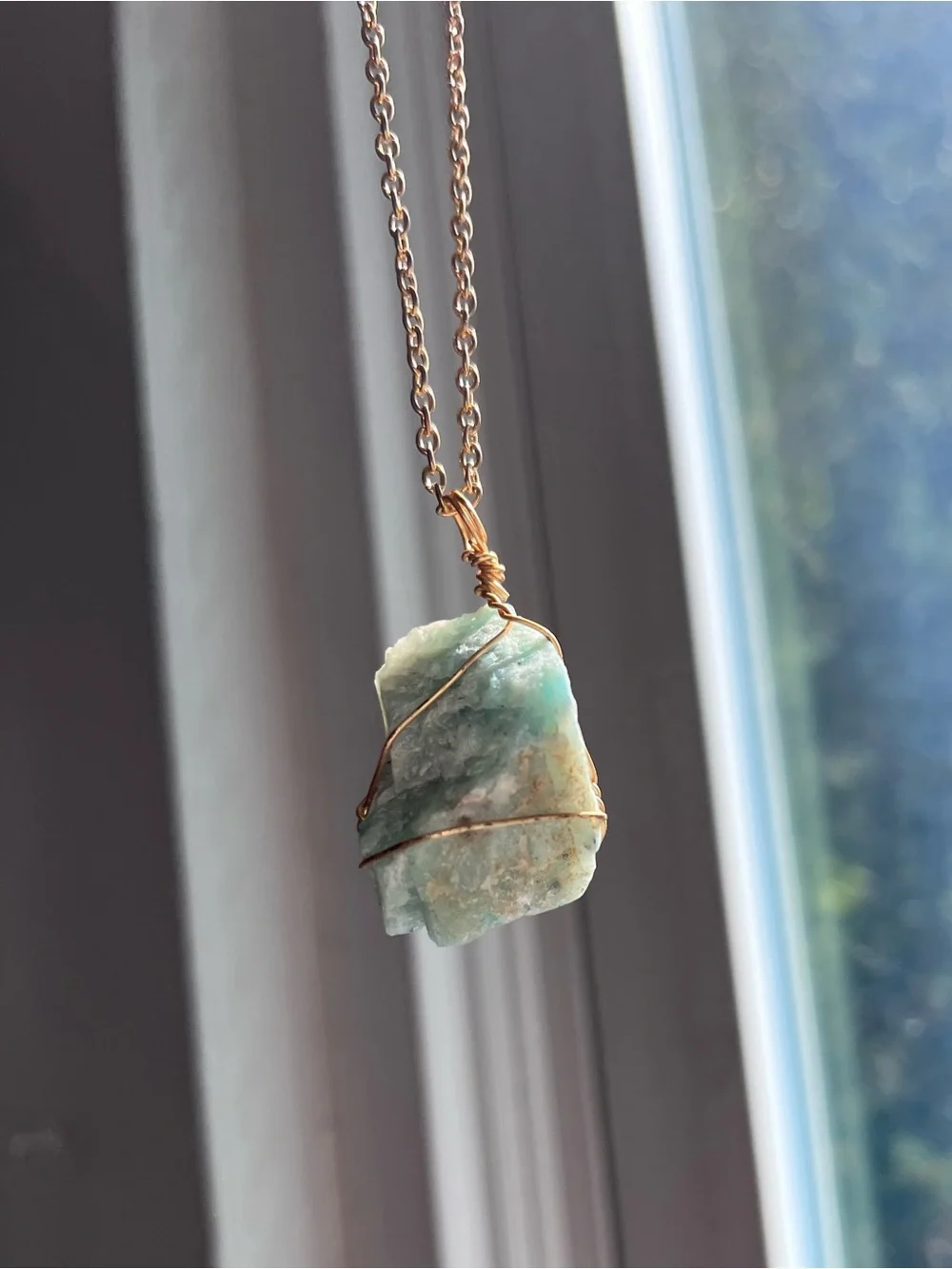 AMAZONITE raw cute natural wire wrapped stone pendant necklace on gold chain NEW